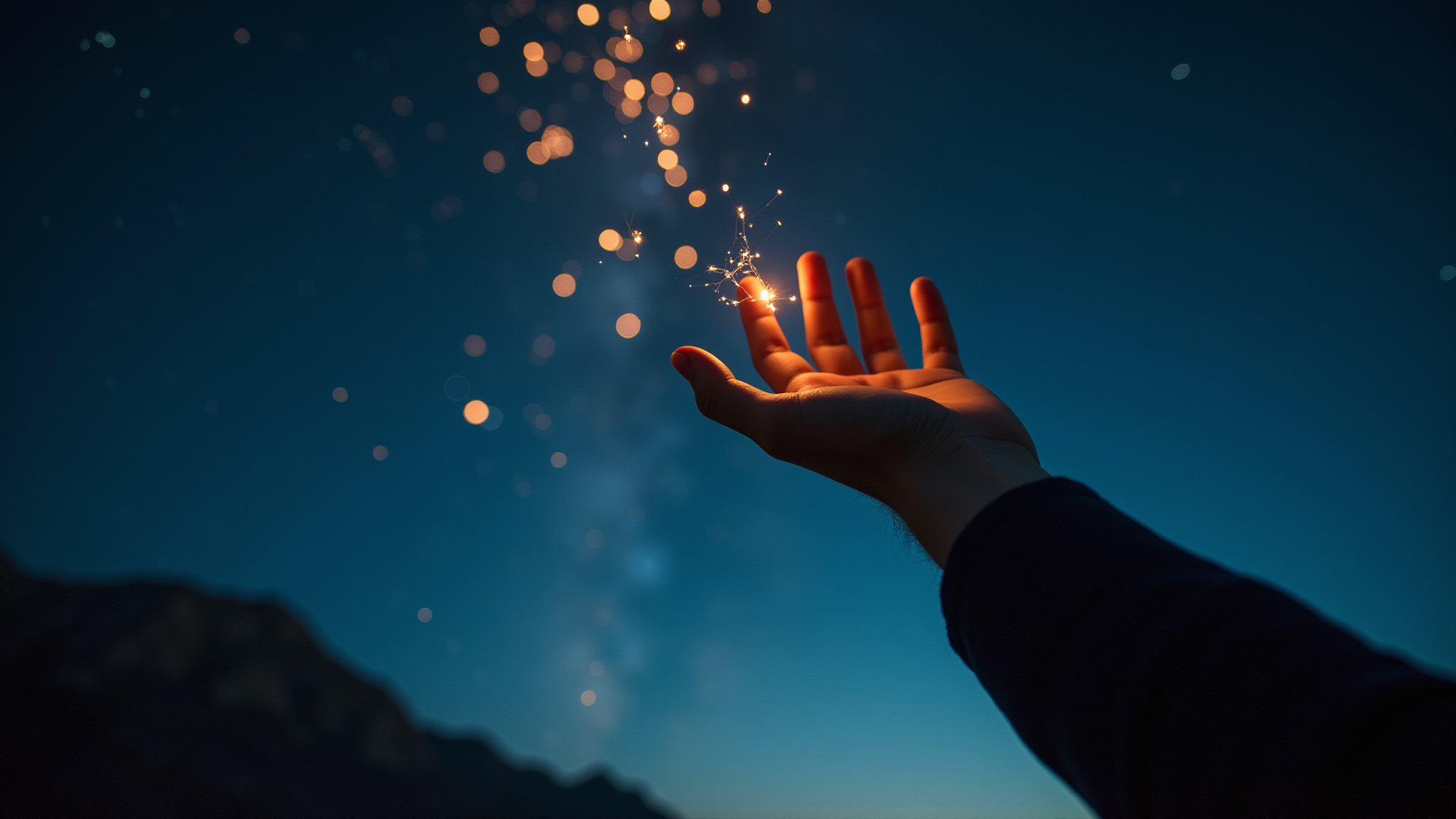 Hand reaching toward light particles